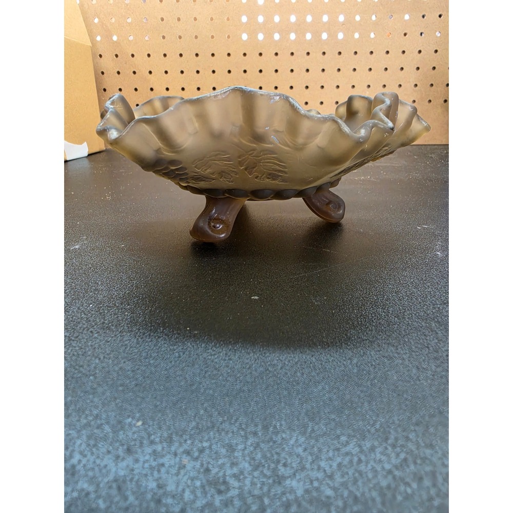 Vintage Fenton Satin Glass Smoky Brown Ruffled Footed Bowl Grape & Leaf Pattern